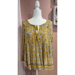 Old Navy Yellow Froral Tasel Tie Boho Blouse Top